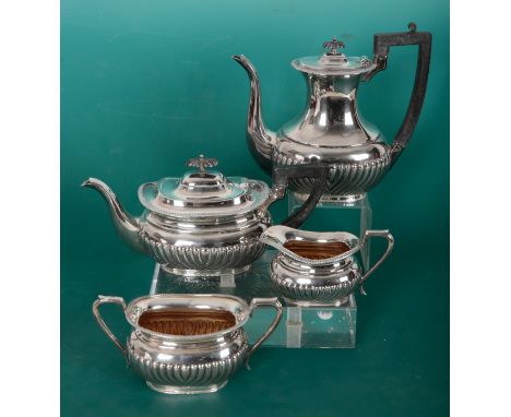 A VICTORIAN SILVER FOUR PIECE TEA AND COFFEE SERVICE BY BRAMWELL &amp; CO Sheffield 1903, with gadrooned bodies, comprising c