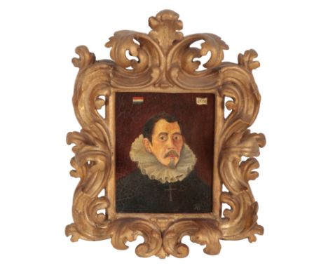 A 17TH CENTURY SPANISH STYLE PORTRAIT OF A GENTLEMAN signed JV to the lower right, 16cm high x 14cm wide, within a giltwood a