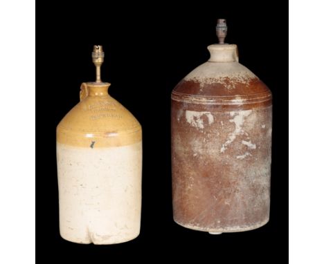 TWO STONEWARE JUGS both later converted to lamp bases, the tallest, impressed '4' to the collar, 51cm high, the smaller 42cm 