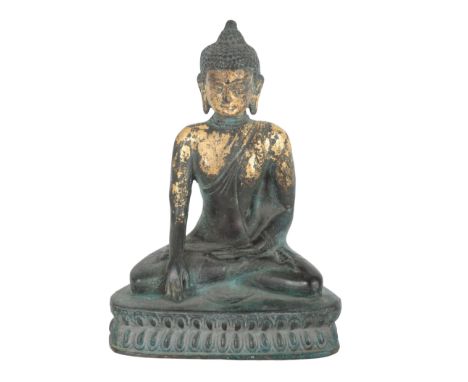 A CHINESE GILT BRONZE FIGURE OF BUDDHA seated legs crossed, on a double lotus base, 19.5cm high