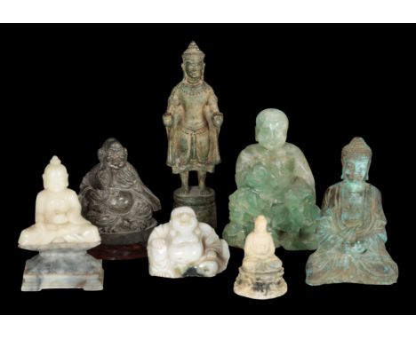A CHINESE JADEITE CARVED BUDDHA of pale, colour, depicted cross-legged seated on a double lotus base, 19cm high, together wit