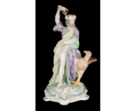 AN 18TH CENTURY DUESBURY &amp; CO DERBY PORCELAIN FIGURE OF JUPITER 21cm high, patch marked base, a similar figure illustrate