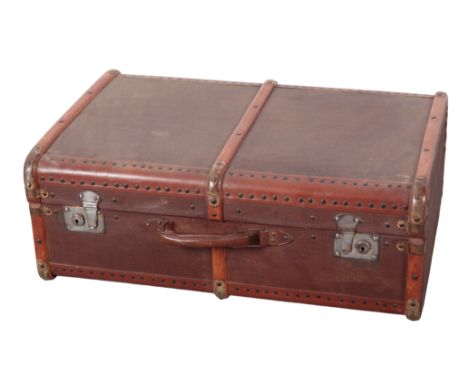 A FLAXITE TRAVEL TRUNK with wood and leather banding, 69cm x 43cm x 16cm, together with another canvas case, 30cm high x 51cm