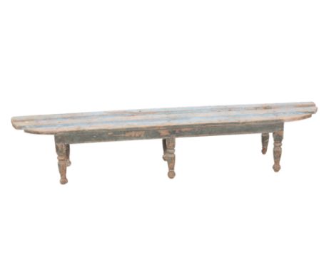 A BLUE-PAINTED HALL BENCH OR WINDOW SEAT 20th century, the slatted top on turned legs and feet, 33cm high x 30cm wide x 179cm