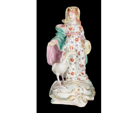 AN 18TH CENTURY DUESBURY &amp; CO DERBY PORCELAIN FIGURE - JUNO AND THE PEACOCK 20cm high, patch marked base