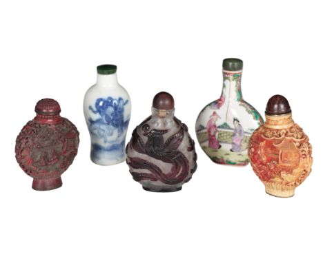 A GROUP OF FIVE CHINESE SNUFF BOTTLES including a famille rose example, depicting figures within a garden, with a green jade 