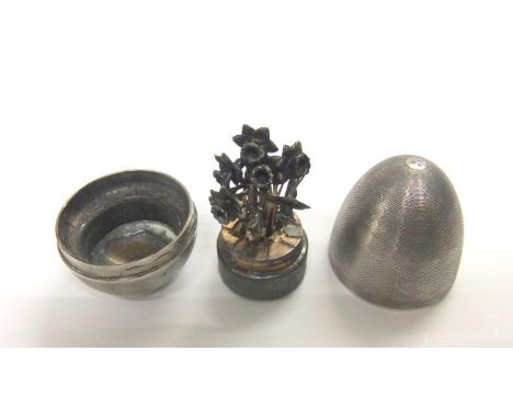 Engine Turned Novelty Silver 'Elizabeth II Surprise Egg' by Peter Nicholas &amp; Co. Ltd. London 1989, with pull-off cap encl