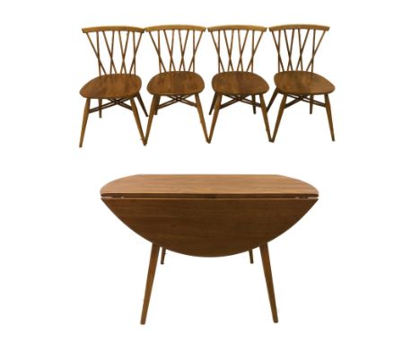 Ercol Harvest Gold Drop Flap Elm Table &amp; Set of 4 Ercol Candlestick Chairs with crossover backs, on splayed circular sect