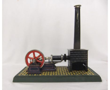 Scale Model Steam Engine, Tall Chimney, rotating wheel &amp; cam, on painted wood &amp; tin base approx. 14 3/4" x 7" x 13" H