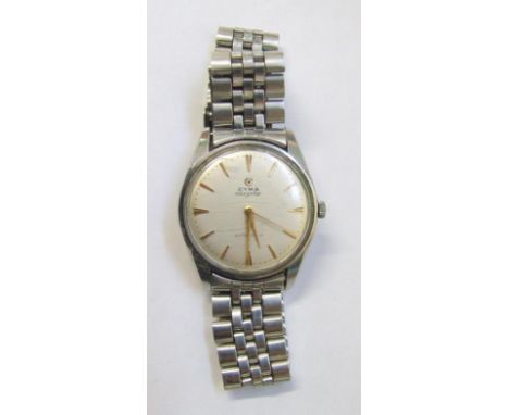 1950s Cyma Navy Star Auto Rotor Wristwatch with silvered dial, gilt baton markers, sweep second hand, on stainless steel stra