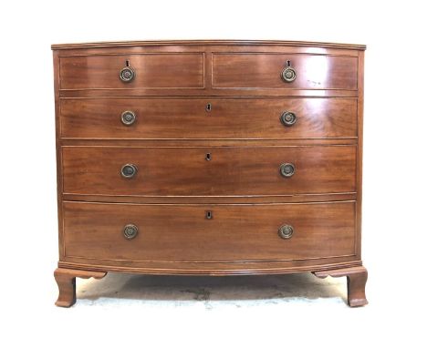 C19th Mahogany Bow Fronted Chest of 2 Short &amp; 3 Long Graduated Cock Beaded Drawers with ring-pull handles, on swept brack