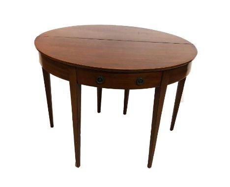 C19th Mahogany D-Shaped Tea Table with frieze drawer, ring-pull handles, on square tapering supports  CONDITION REPORT 