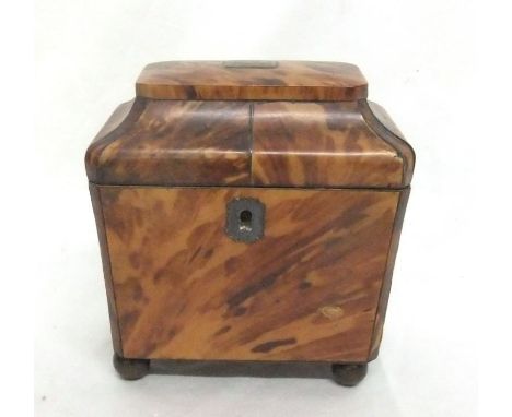 Blonde Tortoiseshell 2 Division Early C19th Tea Caddy with twin lidded divisions, on 4 turned ball supports  CONDITION REPORT