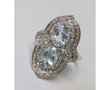 18ct. Gold Aquamarine &amp; Diamond Art Deco Style Cocktail ring size O CONDITION REPORT