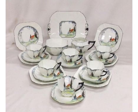Shelley Queen Anne Pattern No. 723404 Garden Tea Set decorated with red roofed period cottage &amp; tall trees, white ground,