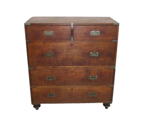 C19th Oak Military Chest in 2 parts, lower section with 2 long drawers, top section with 2 short &amp; 1 long drawer, fully o