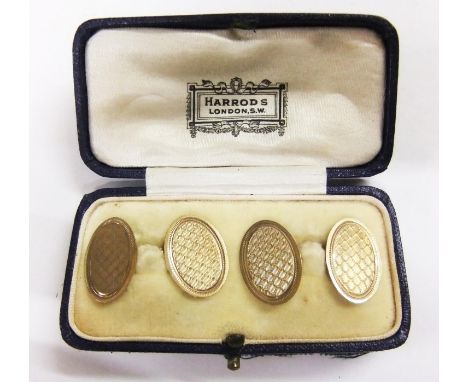 Pair Harrods 9ct Gold Engine Turned Oval Cufflinks with chains in Box  CONDITION REPORT 6.0gms