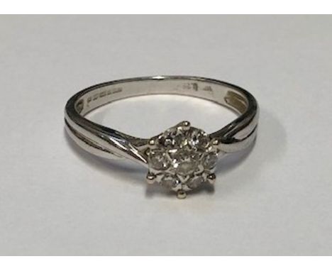 18ct. White Gold Solitaire Style Diamond Set Floral Cluster Ring with twist shank, size M 1/2