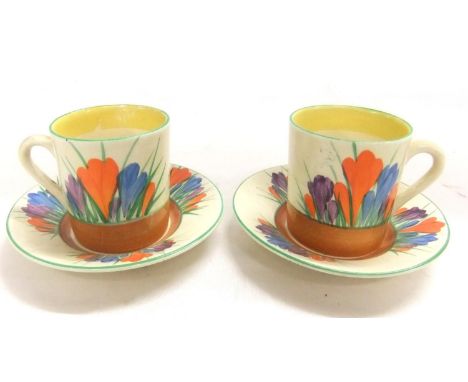 2 Clarice Cliff Wilkinson Crocus Pattern Coffee Cans &amp; Saucers  CONDITION REPORT 