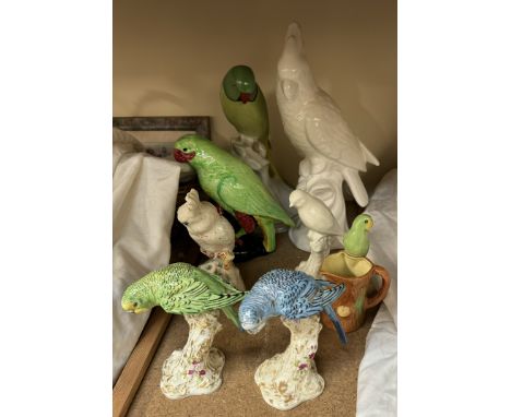 A pair of Royal Worcester budgerigars 2664 together with other large model birds 