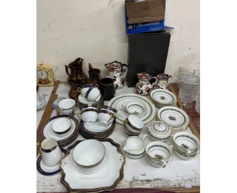 An Adderley's pottery part tea service together with a Wedgwood part dinner set, Masons pottery graduated jugs, copper lustre