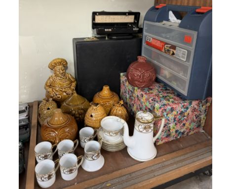 A Noritake part coffee set together with a collection of pottery preserve pots and covers, briefcase, bakelite cased scales, 