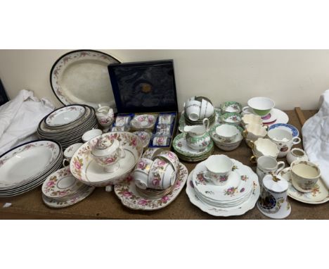 A Coalport rose decorated part tea service together with a matching cased part coffee set, a Wedgwood and company pottery par