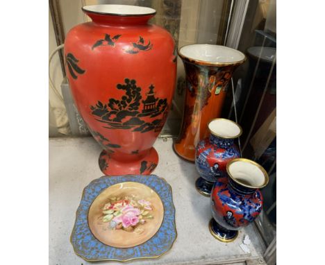 A Pair of Foley Walpole pattern vases, a Wilkinson vase, a large oriental inspired vase and a painted Royal Doulton floral pa