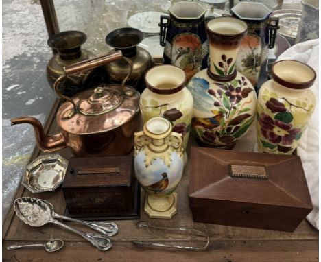 A Locke & Co Worcester twin handled vase painted with a pheasant signed E Blake together with a trio of opaque glass vases, i