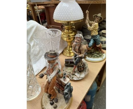 Four Capo Di Monte figures including a fisherman, a pirate, a figure playing boules and a bird together with three glass vase