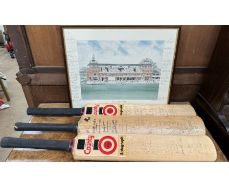 The Lord's Pavilion print after David Gentleman signed to the edge together with three signed cricket bats one for Pakistan 1