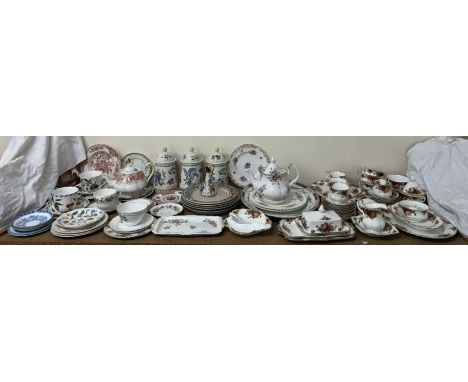 A Royal Albert Old Country Roses pattern part tea service together with Dunoon pottery storage jars and covers, various other