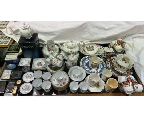 A Dresden porcelain part tea service together with another pottery part tea set, Aynsley pot and cover, powder compacts etc 