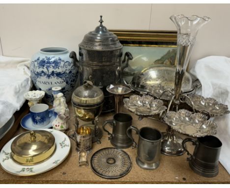 A silver and glass teapot stand together with an electroplated and glass epergne an electroplated dish and cover, large elect