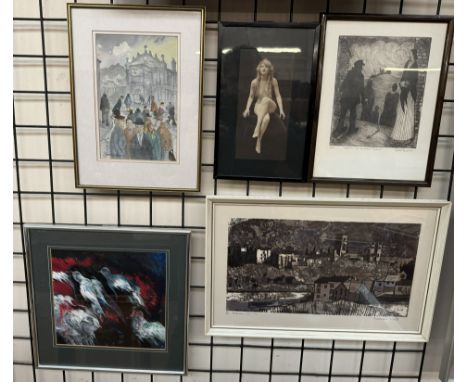 Norman WadeDurhamLimited Edition printSignedTogether with a David Hughes watercolour, a David Hughes print and other pictures