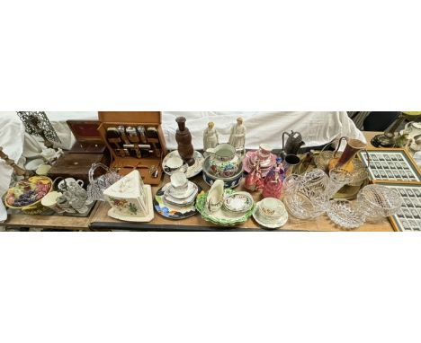 A 19th century mahogany tea caddy together with a 19th century pearlware jug, Royal Doulton figures, Wedgwood bowl, plates, t