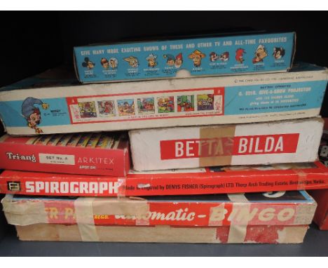 A selection of games and toys including Chad Valley Give A Show projector with 4 show sets, all boxed, Airfix Betta Bilda par