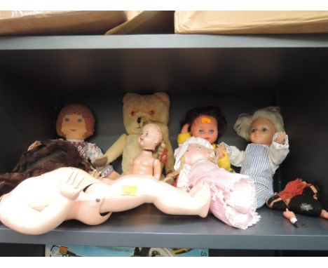 A shelf of mixed vintage dolls and bears including Roddy celluloid, mid 20th century teddy bear etc