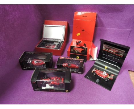 Six Hot Wheels, Brumm & Vitesse 1:43 scale diecast Ferrari racing cars,  312 T2 1979, 312 T2 1977, 312 T2 1975, 500F2 1952, F