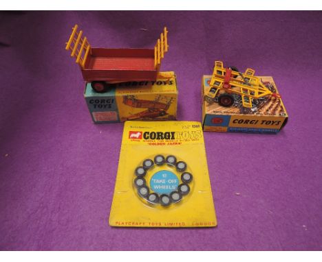 Two Corgi diecasts, Wheel Controlled Tandem Disc Harrow 71 & Farm Tipper Trailer 62 both in original boxes and a Corgi part s