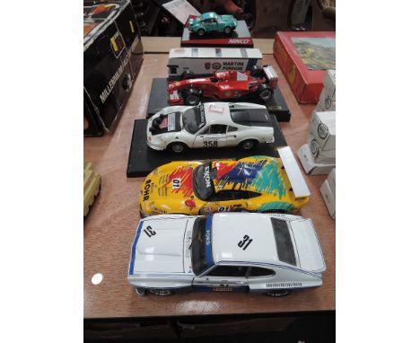 Six mixed scale diecast racing cars and transporter including MiniChamps Ford Capri RS3100, Mattel F1 Ferrari etc