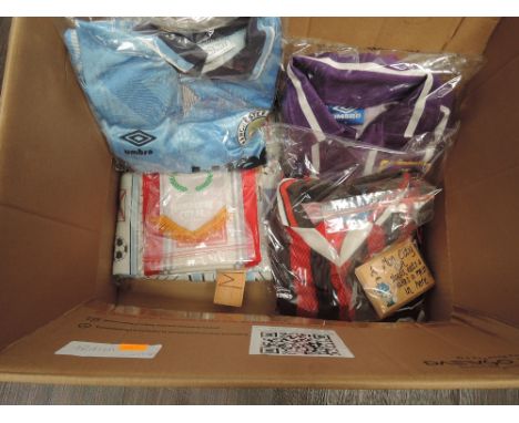 A box of modern football merchandise including Manchester City and Liverpool, Kits, Scarf and pendent etc.Contence and Condit