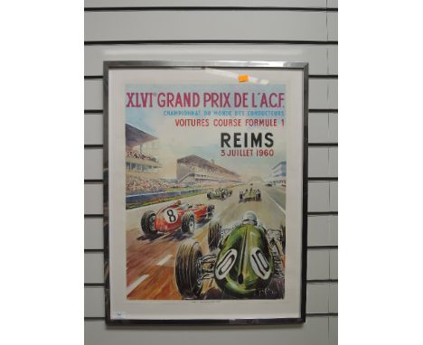 A late 20th century reproduction framed poster after Jean Des Gachons, XLVI Grand Prix De L'A.C.F Reims 3 Juillet 1960, print