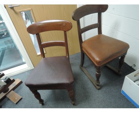 A vintage mahogany railway station chair having padded seat and stamped GWR along with a similar chair on stretcher base