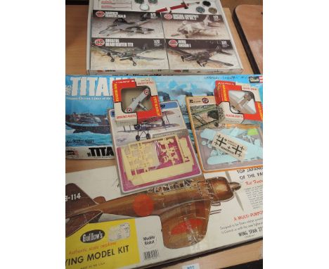 An Airfix modelling gift set, a Revell 1:570 scale plastic kit, Titanic, a Guillow's wooden and plastic kit, Mitsubishi Zero 