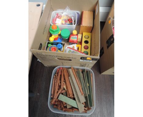Two boxes of mixed vintage toys including wooden and plastic
