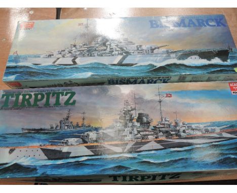 Two Academy 1:350 scale plastic part kits, Bismarck & Tirpitz German battleships, both boxed