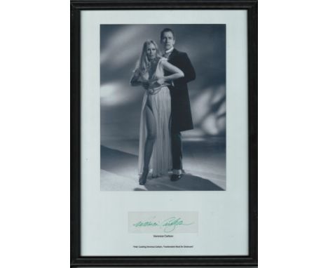 Veronica Carlson signed Black/white portrait photograph mounted in a black frame featuring Peter Cushing and Veronica Carlson