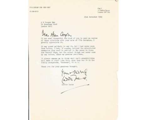 Laddie Lucas DFC WW2 pilot typed signed letter on personal letterhead to WW2 book author Alan Cooper, regarding thanks for se