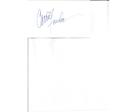 Carrie Fisher signed white card. American actress. Best known for playing Princess Leia in the Star Wars films. Good Conditio